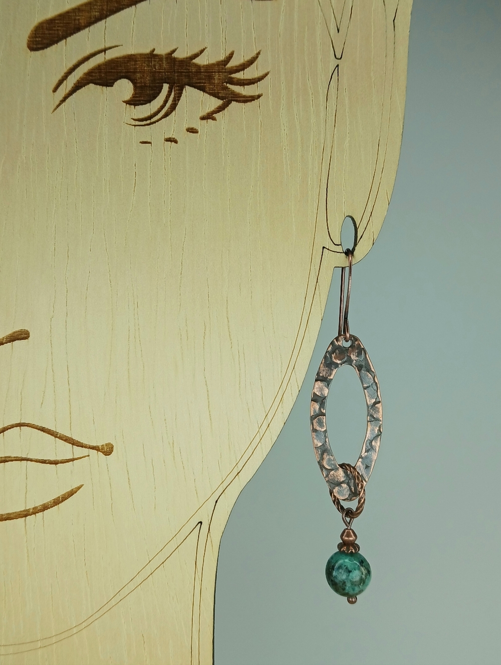 Artisan Hammered Copper Earrings African Turquoise Jasper Geometric Hand Crafted - Picture 4 of 5